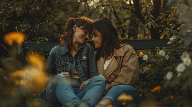 A warm and intimate moment is beautifully captured between two close together women, cozily seated in a lush, vibrant garden, surrounded by an array of colorful flowers that enhance the scene - Powered by Adobe