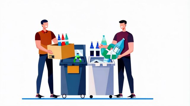Illustration of two men standing near the plastic bottle recycling machine.