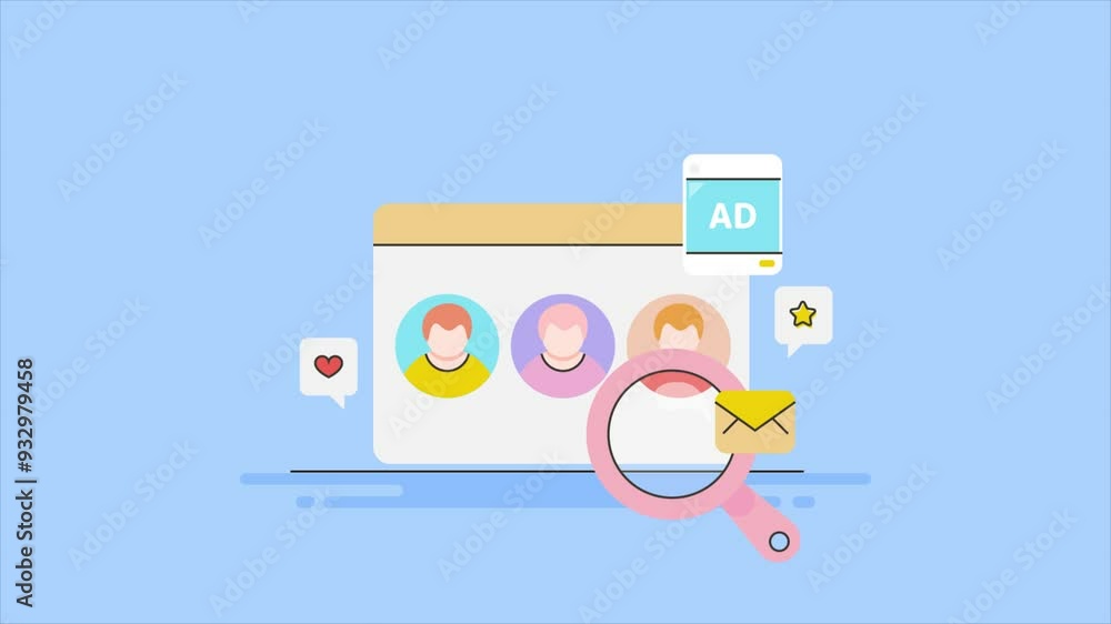 Poster customer research analysis data on web browser, running digital advertising campaign and targeting a
