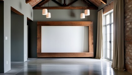 A minimalist interior space featuring wooden accents and a large blank screen.