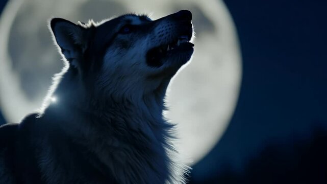 Wolf howling under full moon at night in a tranquil forest setting