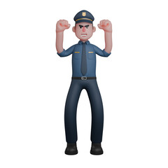 3D Model of Professional Male Police. A police officer stands with both fists clenched and a determined expression on his face. Cartoon