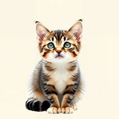 A fluffy tabby kitten sitting on a light background, looking curiously at the viewer