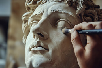 Hand Applying Finishing Touches to Marble Statue with a Brush, Artistic Detail