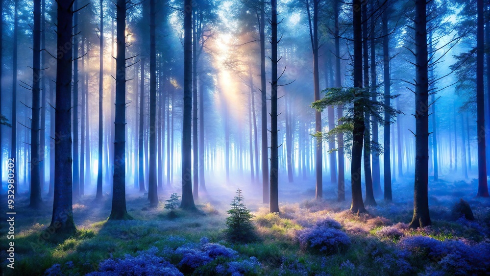Wall mural moody ultramarine forest with dense fog and misty atmosphere illuminated by soft warm sunlight filte