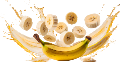 delicious banana slices Splashes on a white isolated background. Generative AI.