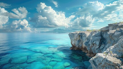 Obraz premium A stone cliff overlooking a tranquil turquoise sea, with a small island far in the distance and a partly cloudy sky overhead.