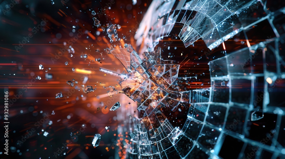 Fototapete a hacker penetrates a digital shield, causing pieces to scatter, symbolizing a critical security bre
