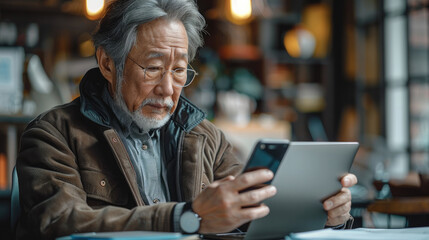 Obraz premium Senior Businessman Using Smartphone and Laptop, A middle-aged Asian businessman working online in his office. Generative AI.