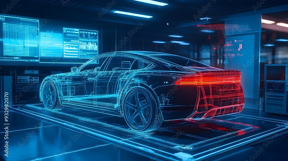 Poster automotive digital twin a digital representation of a car being tested in a virtual environment with