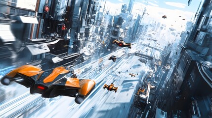 Fototapeta premium Futuristic Virtual Race Through Chaotic Cityscape with Flying Cars and Obstacles High speed competition in a futuristic digital environment filled with dynamic motion technology and urban elements