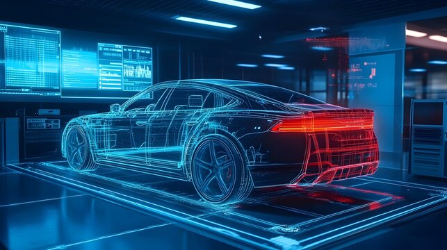 Automotive Digital Twin A digital representation of a car being tested in a virtual environment with key performance metrics and data visualizations displayed nearby for analysis and optimization