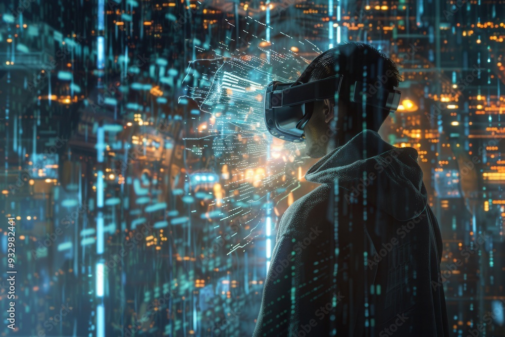 Poster A hacker navigates a vibrant virtual environment filled with digital locks and flowing codes while wearing a VR headset. Generative AI