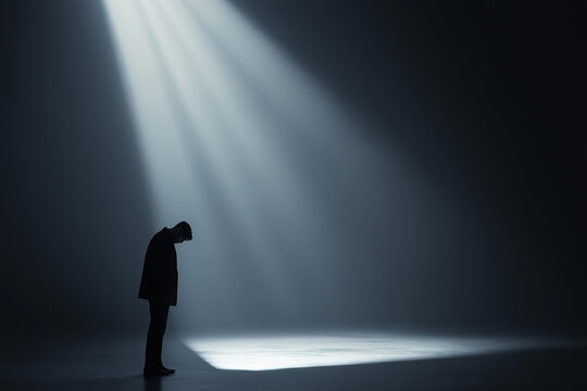 A man is standing in a dark room with a spotlight shining on him