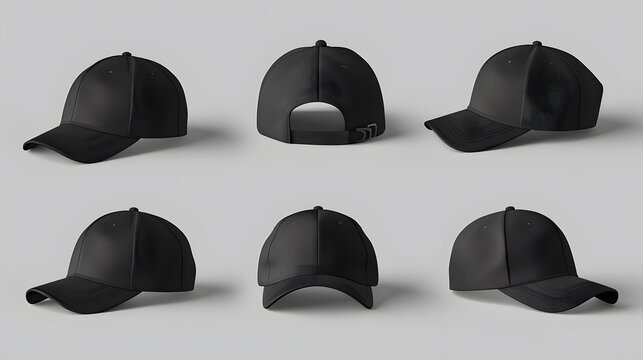 Black baseball caps mockup on a grey background, front and back side. 
