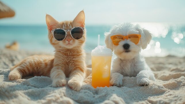 Orange cat and white maltese dog drinking orange juice lying on white sand by the sea,relaxing at the beach and sunglasses,pet friendly sea beach,summer vacation holidays,journey trip concept. - Powered by Adobe