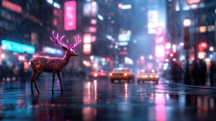 A deer with glowing bioluminescent antlers navigating a futuristic, neon-lit cityscape at night with an otherworldly ambiance.