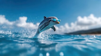 A dolphin wearing sunglasses jumping playfully above the ocean. © cloud7days