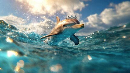 A dolphin with a sparkling crown swimming majestically through the ocean.