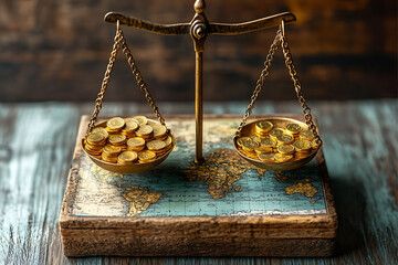 Balanced scale filled with gold coins, global economy concept.
