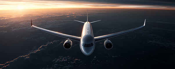 Fototapeta premium Aerial view of a modern airplane flying above clouds during sunset, showcasing aviation and travel.