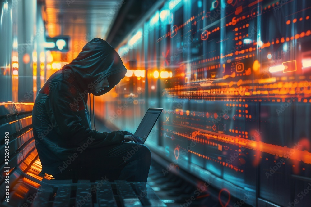 Fototapete A person in a hoodie works on a laptop in a dimly lit metro station, highlighting the dangers of accessing the internet over public Wi-Fi networks. Generative AI