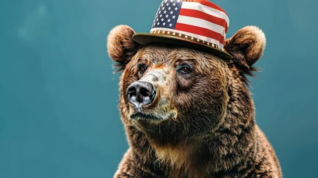 A grizzly bear wearing an American flag hat on a blue background.