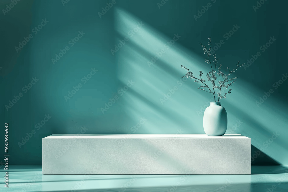 Poster minimalistic teal background with white block and vase with branches casting shadows
