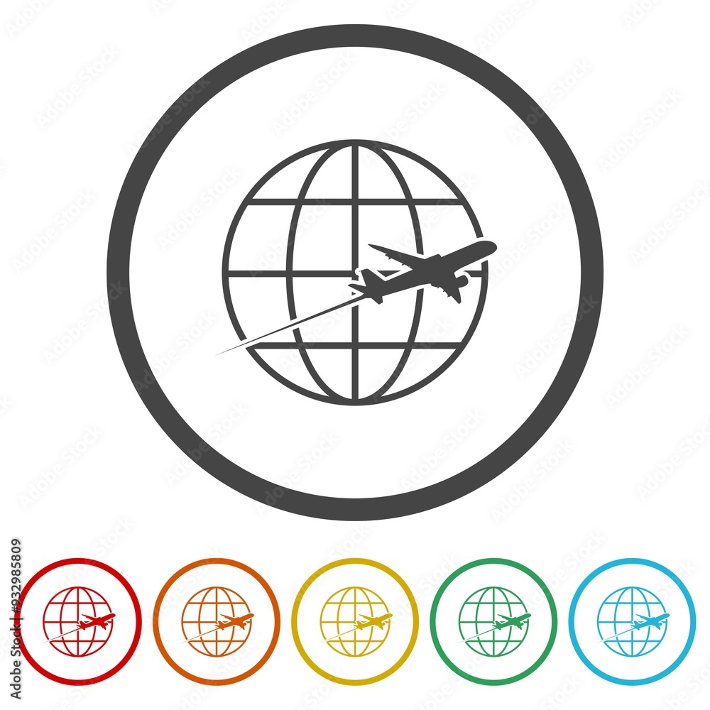Poster travel icon with plane and planet. set icons in color circle buttons