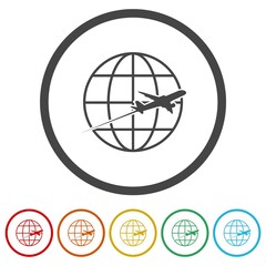 Travel icon with plane and planet. Set icons in color circle buttons