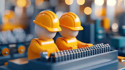 Fototapeta premium Two construction workers with yellow helmets engaged in a collaborative task in a modern industrial setting.