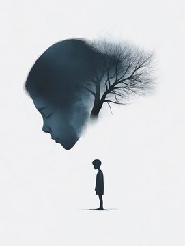 The Boy and the Tree: A haunting silhouette of a young boy gazing upwards at a tree that seems to be growing out of the head of a child, creating a surreal and evocative image of childhood, loss