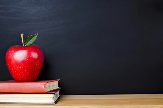 Photo of a red apple and books with an empty chalkboard background