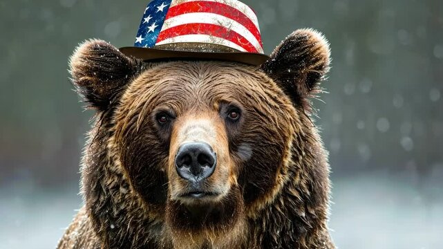 A grizzly bear wearing an American flag hat on a blue background.