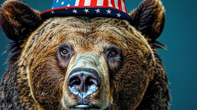 A grizzly bear wearing an American flag hat on a blue background.