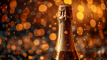 Golden Champagne Bottle with Water Droplets Against a Bokeh Background - Illustration