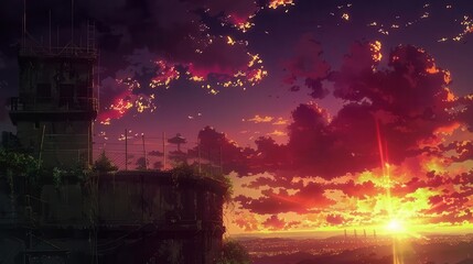 Vibrant clouds fill the sky as the sun sets behind a towering structure, casting an enchanting glow at twilight