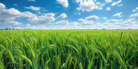 Obraz premium Green Wheat Field. Beautiful Summer Landscape of Agriculture and Nature