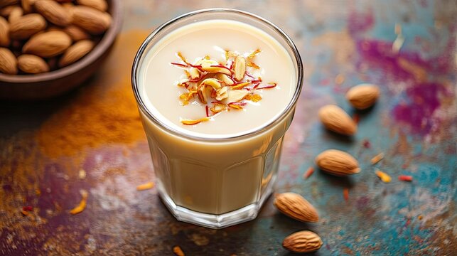 A glass of cold badam milk with saffron strands and chopped almonds on a colorful background. Copy space.