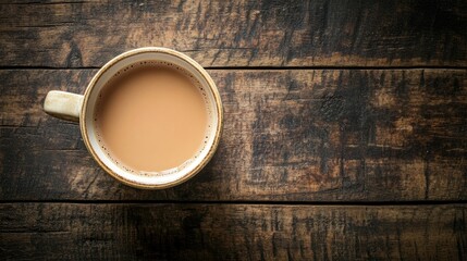 A top view of a steaming cup of masala chai on a rustic wooden table. Close-up with space for copy. No people.