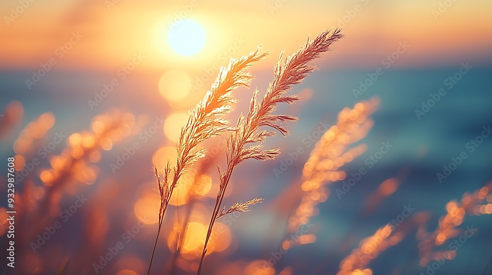 Aufkleber golden grass at sunset, with a bokeh background adding a touch of magic.