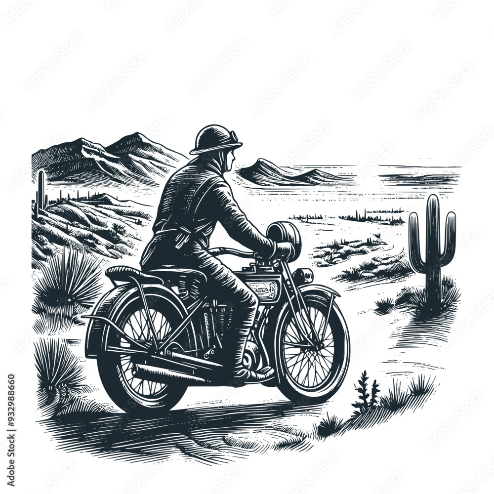 Canvas Prints  The old vintage biker and motorcycle. Black white vector illustration.
