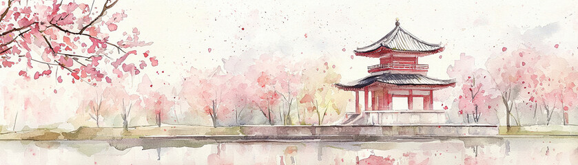 Tokyo temple, cherry blossoms in bloom, tranquil garden, springtime, Watercolor style