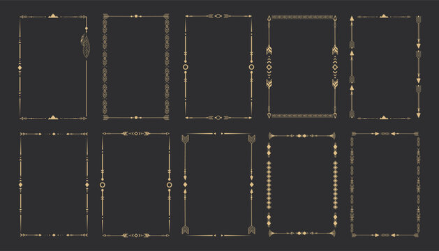 Gold frame set with tribal native indian arrow, ornament. Border thin line divider decoration with feather, simple motif.