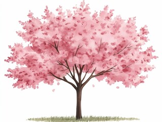 Obraz premium Vibrant Watercolor of Blooming Cherry Blossom Trees in a Lush Forest Landscape on a Clean White Background