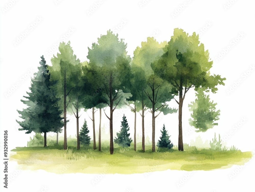 Poster serene and ethereal watercolor of a forest clearing with soft sunlight filtering through the lush fo