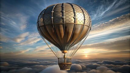 Golden hot air balloon soaring above the clouds at sunrise