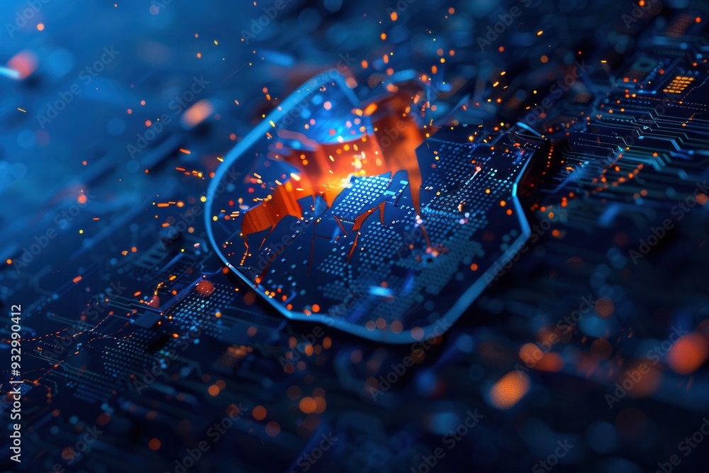 Poster A hacker breaks through a digital shield, causing fragments to scatter in a vibrant cybersecurity landscape. Generative AI