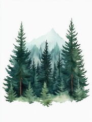 Obraz premium Dramatic and moody watercolor of a dense dark forest with towering pine trees set against a plain white background perfect for use as a nature landscape or environmental graphic design element