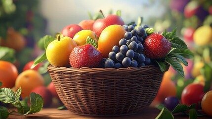 Naklejka premium 3 Organic fruits, vibrant and juicy, in a wicker basket, 3D illustration